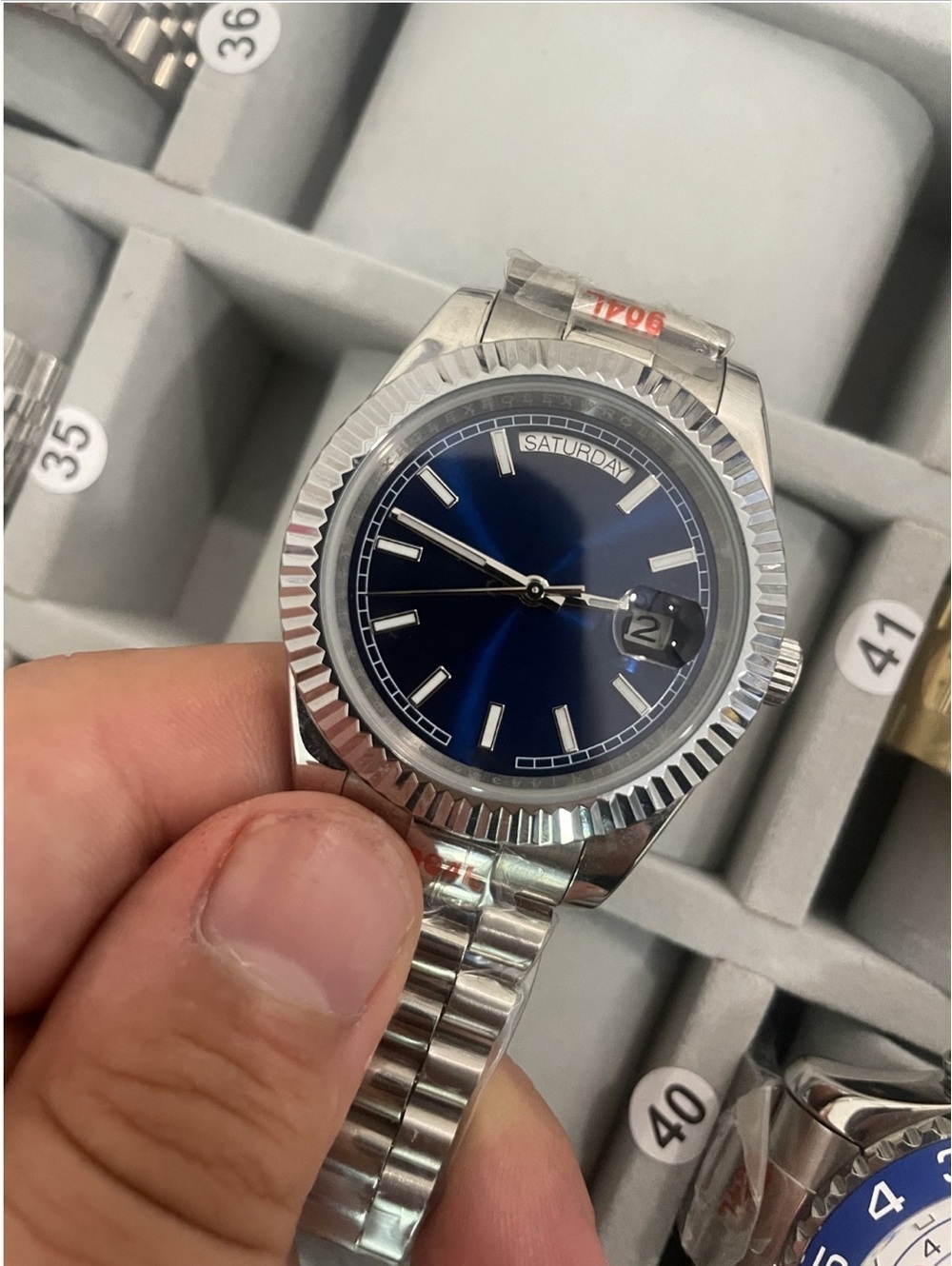 Silver Stainless Steel Watch with Blue Sunburst Dial stock 336